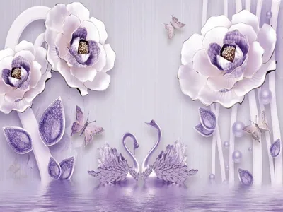 Фотообои Пурпурные цветы с лебедями 3Д на стену. Купить фотообои Пурпурные  цветы с лебедями 3Д в интернет-магазине WallArt