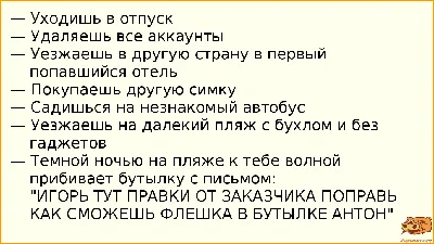 Анекдот №904274 — Уходишь в отпуск — Удаляешь все аккаунты — Уезжаешь в…