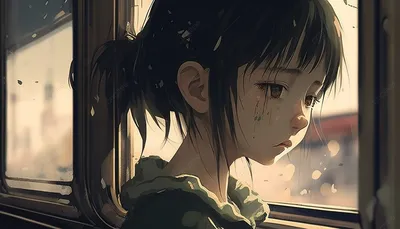 девушка смотрит в окно поезда, грустные аниме картинки, животное, грустный  фон картинки и Фото для бесплатной загрузки