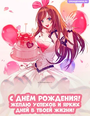 Прикольная аниме открытка с Днём Рождения с девушкой, шарами и тортом •  Аудио от Путина, голосовые, музыкальные