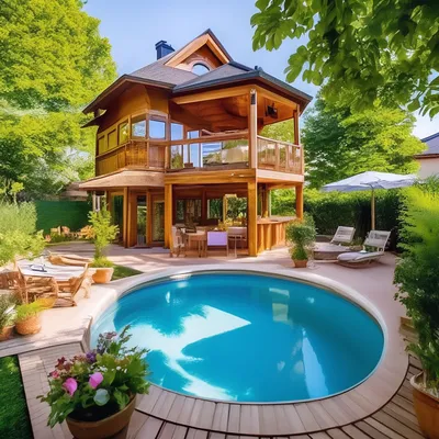 Каркасный бассейн с деревянной террасой. Идеи для оформления с фото.