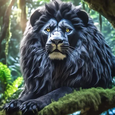 Черный лев с белой гривой и голубыми глазами. | Премиум Фото