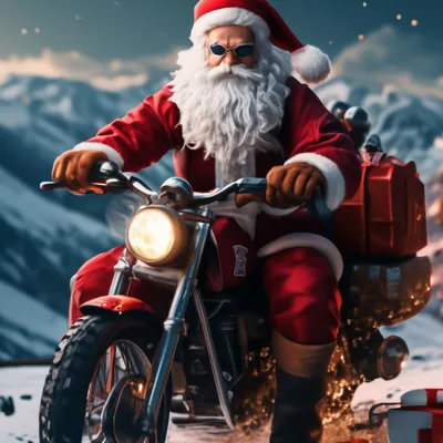 Дед мороз байкер на мотоцикле, гора…» — создано в Шедевруме