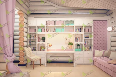 Дизайн проект комнаты для девочки. Интерьер деревянного дома