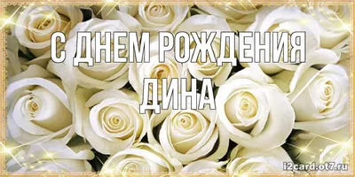 Дина! С днём рождения! Красивая открытка для Дины! Открытка с шикарным  букетом белых роз. Розы на блестящем фоне.