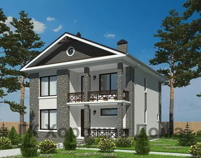 Проект двухэтажного дома из газобетонных блоков с навесом - DTV100274
