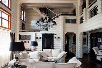Дизайн гостиной с камином в деревянном доме | Фото интерьера
