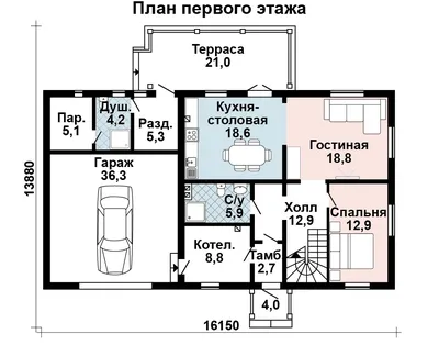 329E «Княженика» - проект одноэтажного дома, с террасой, планировка 2  спальни и сауна, гараж на 1 авто, для небольшой семьи: цена | Купить  готовый проект с фото и планировкой