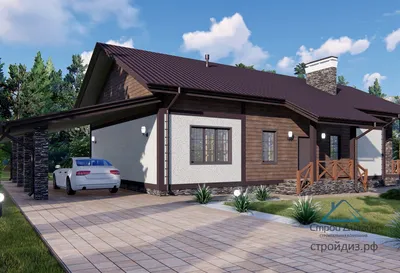 Проект одноэтажного дома с навесом для машины 06-14 🏠 | СтройДизайн