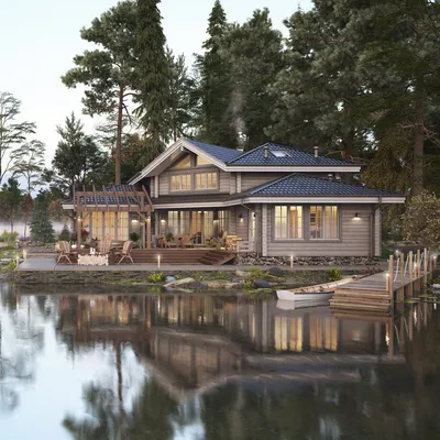Деревянный дом в лесу или на берегу озера