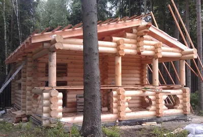 строительство деревянного дома из круглого леса Стоковое Изображение -  изображение насчитывающей подготовка, дом: 217464127