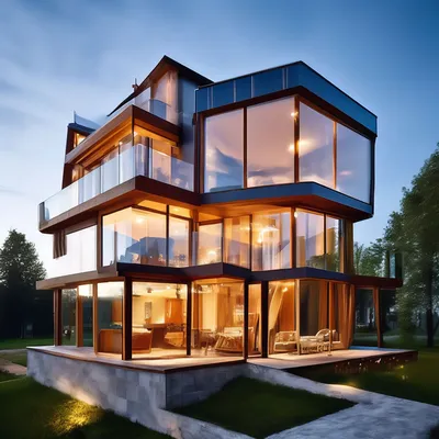 Многоэтажный необычной формы дом из …» — создано в Шедевруме