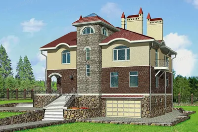 Проект элегантного дома с круглой башней | Архитектурное бюро \"Беларх\" -  Авторские проекты планы домов и коттеджей