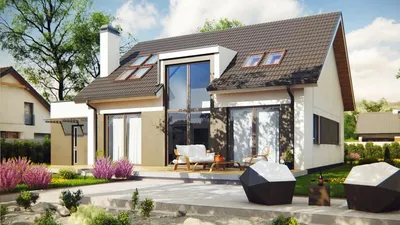 Проект дома с камином, с гардеробом №159, с панорамными окнами и с террасой  -