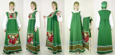 Русский народный костюм: платье с печатью и тесьмой + кокошник. Цвет  красный.
