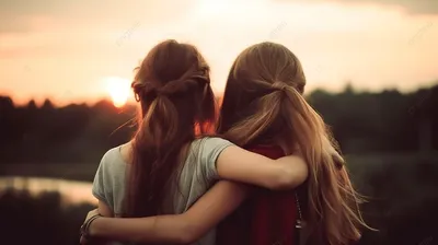 две девушки обнялись на закате, милые картинки с лучшей подругой фон  картинки и Фото для бесплатной загрузки