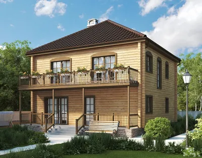 G118 Проект двухэтажного дома из бруса с террасой и с балконом: цена |  Купить готовый проект с фото и планировкой