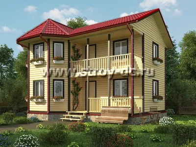Двухэтажный дом из бруса 8х8 м с угловой террасой и балконом проект Д30 в  Санкт-Петербурге