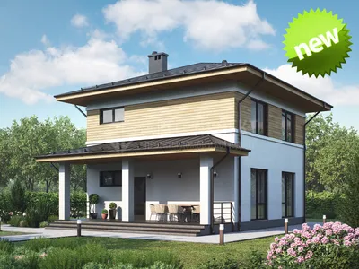 Проект двухэтажного дома с верандой Е-160 из пеноблоков по низкой цене с  фото, планировками и чертежами
