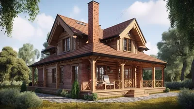35A «Транк Хаус» - проект деревянного дома, из бревен, с террасой, и  цокольным этажом из кирпичей: цена | Купить готовый проект с фото и  планировкой