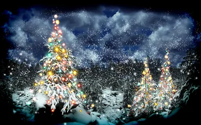 изображение освещенной рождественской елки рядом со снежным пейзажем,  счастливого рождества картинки, рождество, С Рождеством фон картинки и Фото  для бесплатной загрузки