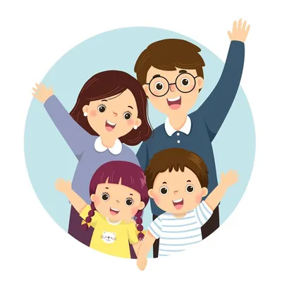 Premium Vector | Illustration cartoon of a portrait of four members happy  family raising up hands. parents with kids.