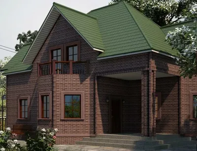 Проект великолепного дома из темного кирпича с верандой и зеленой крышей  D667 | Каталог проектов Домамо