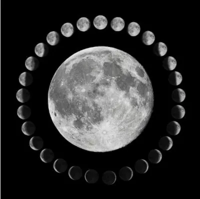 Семь Фазы Луны, Изолированных На Черном Фоне. Серый, Синий, Красный  Фотография, картинки, изображения и сток-фотография без роялти. Image  18234863