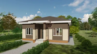 Проект одноэтажного кирпичного дома с панорамными окнами и гаражом