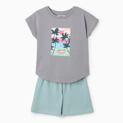 Комплект для девочек (футболка, шорты), цвет серый/мята, размер 104 см  купить в Чите Костюмы, комплекты для девочки в интернет-магазине Чита.дети  (9848050)