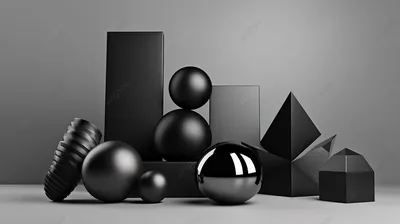 разнообразные геометрические фигуры в 3d с изысканной черной отделкой на  сером фоне, геометрические фигуры, абстрактная геометрия, геометрия фон  картинки и Фото для бесплатной загрузки
