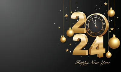 Happy new year 2024. 3d gold numbers with golden Christmas decoration and  confetti on dark background. Holiday greeting card design. 21016771 Vector  Art at Vecteezy