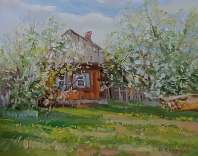 Пейзаж маслом \"Яблони в цвету\" (вольная копия картины И. Левитана «Цветущие  яблони») 60x80 AR150501 купить в Москве