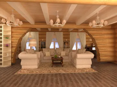 интерьер деревянного дома в Русском стиле , c телевизором, встраиваемыми  духовыми шкафами, сантехникой, настенными светильниками, светильниками,  люстрами, диваном, креслом