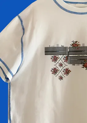 Белая футболка оверсайз с синей строчкой и принтом \"Наркомфин\". в магазине  «Springsoda» на Ламбада-маркете