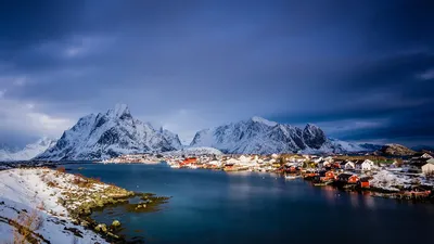 Картинки Лофотенские острова Норвегия Горы Море Природа снеге Дома