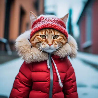 Рыжий кот в шапке и пуховике …» — создано в Шедевруме