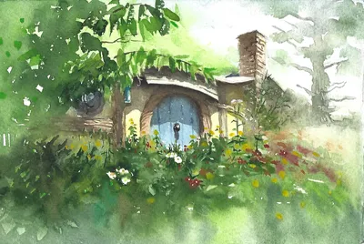 Рисунок акварелью дом в лесу - 74 фото