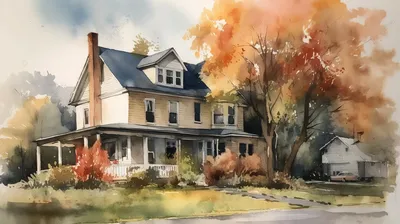 Картина акварелью дома с осенними листьями, акварельный рисунок дома,  акварель, рекламный фон фон картинки и Фото для бесплатной загрузки