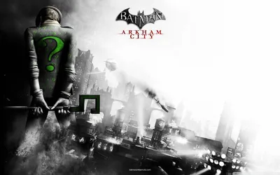 Batman arkham city, riddler, спина, город, чб обои, фото, картинки