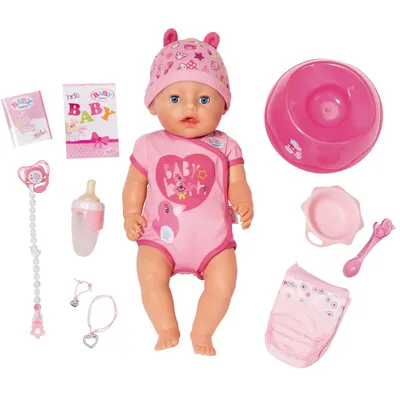 Купить Интерактивная кукла Беби бон в розовом платье и с голубым халатом  (Baby Born 39 cм) недорого в интернет-магазине Gigatoy.ru