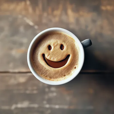 Чашка кофе с улыбкой, вид сверху, …» — создано в Шедевруме