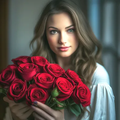 Красивая девушка с розами в руках» — создано в Шедевруме