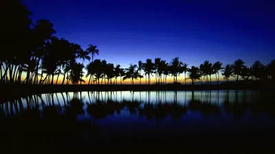 Скачать обои на рабочий стол бесплатно без регистрации в формате 1600x900.  Пальмы. Острова, вода, небо, пальмы, вечер, отражение.