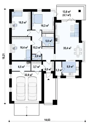 Проект квадратного одноэтажного дома Е-97 из газобетона по низкой цене с  фото, планировками и чертежами