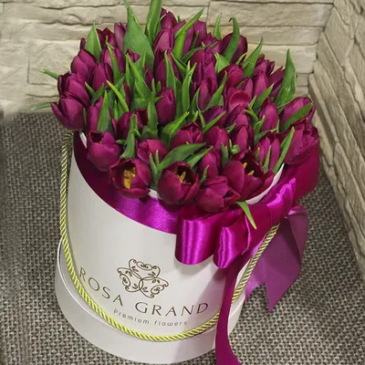 Коробка из 51 тюльпана «Белые и фиолетовые тюльпаны с гиперикумом»,  артикул: 333013477, с доставкой в город Москва (внутри МКАД)