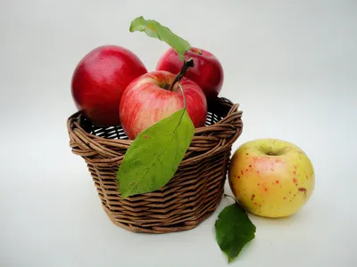 Яблоки в корзине с соломой на деревянном фоне :: Стоковая фотография ::  Pixel-Shot Studio