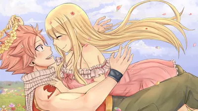 Фото Lucy Heartfilia / Люси Хартфилия и Natsu Dragneel / Нацу Драгнил со  своими детьми, рядом лежит игрушка в виде Happy / Хэппи з аниме Фейри Тейл  / Хвост Феи / Fairy Tail