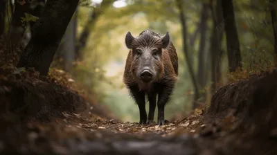 дикий кабан идет по тропинке в лесу, дикий кабан, Hd фотография фото,  древесина фон картинки и Фото для бесплатной загрузки