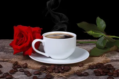 Открытка - кофе, роза и пожелание доброго утра